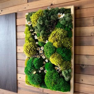 Arte con musgo preservado. Decoracion de pared con musgo. Arte de musgo. Arte de pared de musgo y madera. Cuadros con musgo y flores