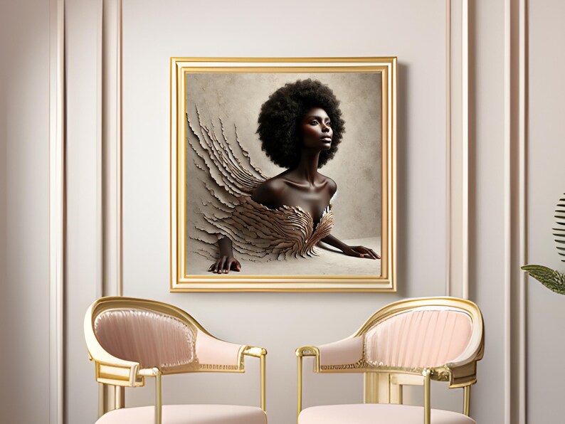 May include: A framed artwork depicting a woman with dark skin and a large afro hairstyle. The woman seems to be emerging from a textured background. The artwork is in a gold frame, and two pink chairs with gold frames are in the foreground.