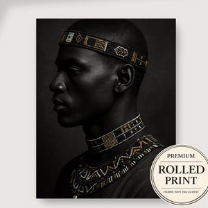 May include: A portrait of a person in profile wearing a black beaded headband, a double-strand beaded choker, and a wide beaded collar necklace. The jewellery features geometric patterns in black, white, and gold. Text reads: PREMIUM ROLLED PRINT.