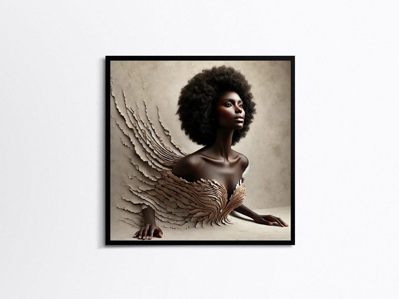 May include: A framed art print depicting a woman with dark skin and a large afro hairstyle. The woman is seemingly breaking through a textured, beige surface, with a detailed, layered design around her chest. The artwork is set against a neutral background.
