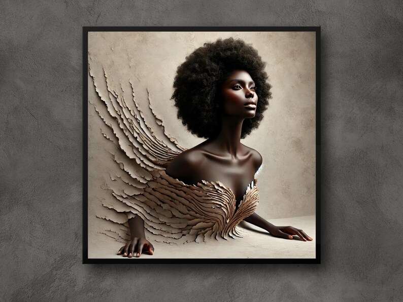 May include: A framed art print depicting a person with dark skin and a voluminous afro. The person is seemingly emerging from a textured, layered design in beige and brown tones. The artwork has a surreal and artistic style.