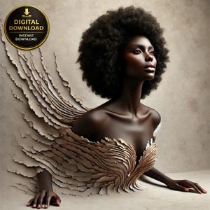 May include: Digital download artwork of a person with dark skin and a large afro. The person is emerging from a textured, beige surface, with the surface peeling away to reveal a sculpted, layered design. The image includes a gold circular logo with the words "DIGITAL DOWNLOAD" and "INSTANT DOWNLOAD".