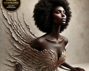 May include: Digital download art featuring a dark-skinned person with a large afro. The person appears to be emerging from a textured, beige surface, with the surface peeling away to reveal a sculpted, layered design. The image includes a gold-colored circular logo with the words "DIGITAL DOWNLOAD" and "INSTANT DOWNLOAD".