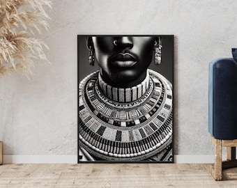 Stampa artistica di un uomo africano. Guerriero Masai, gioielli con perline (download digitale)