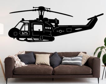 Arte mural de helicóptero militar de madera – Decoración artística de aeronaves – Colgante de pared de aviación militar – Silueta de helicóptero de combate de madera hecha a mano – Regalo para pilotos