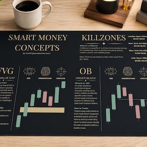Puede incluir: Una alfombrilla de escritorio rectangular negra con texto y diagramas dorados que explican conceptos de Smart Money, incluyendo estrategias de trading Fair Value Gap y Order Block. La alfombrilla muestra gráficos de velas y texto.