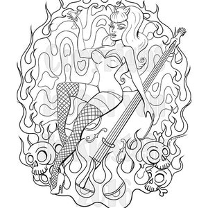 Digital Download - Print your own colouring book outline page -Autumn- Day of the dead - Tattoo flash - Rockabella