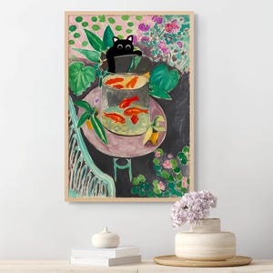 マティス金魚猫プリント、黒猫アート、面白い猫の有名なアート、猫好きの方へのギフト