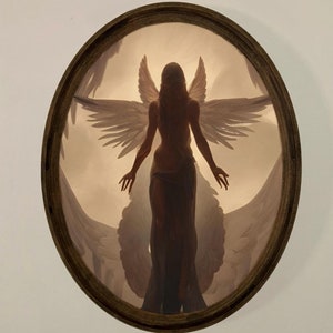 angel woman , oval wall decor ,gothic home decor ,gothic painting framed ,dark art decor ,home gift , wooden plaque frame , goth art