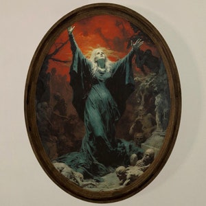 the necromancer , horror art , victorian gothic painting , gothic horror painting , oval wooden plaque , gothic frame , gothic wall decor