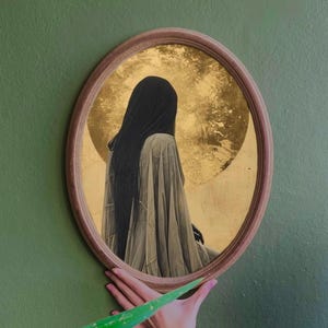Female Silhouette, Gold Leaf Painting, Gothic Painting, Dark Academia, Gold Frame, Oval Wooden Frame, Large Frame