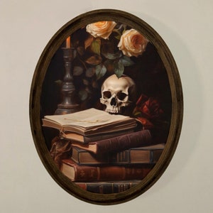 gothic skull, dark skull book painting, gothic painting, gothic wall art, dark art, oval wooden plaque, wood frame, gothic frame