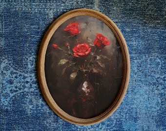 Gothic Flower Painting: Handmade Oval Wooden Wall Art