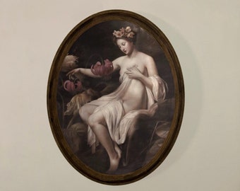 Vintage Nymph Painting: Handmade Oval Wooden Frame Wall Art
