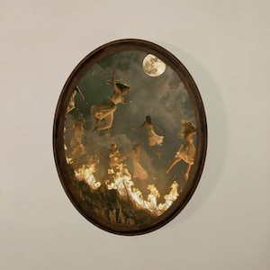Gothic Witch Painting: Witches On The Fire Framed Wooden Plaque