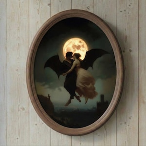 Large Oval Wood Frame Vampire Lovers Oil Painting Gothic Romance Flying Couple Art Dark Fantasy Full Moon Print Bat Wings Decor Victorian