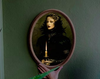 Victorian Woman Portrait: Gothic Mythological Art in Oval Wooden Frame