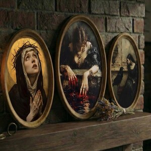 Großer Vintage Holzrahmen mit gotischem Porträt - Stimmungsvolle Dark Academia Wandkunst - Handgemaltes Dekor im antiken Stil - Geschenk für das viktorianische Zuhause Bild 9