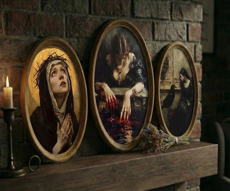 Großer Vintage Holzrahmen mit gotischem Porträt - Stimmungsvolle Dark Academia Wandkunst - Handgemaltes Dekor im antiken Stil - Geschenk für das viktorianische Zuhause Bild 9