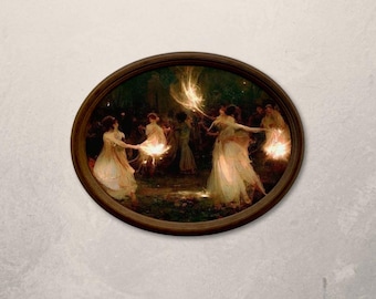 Cuadro de danza del fuego de brujas góticas: Arte mural con marco de madera hecho a mano