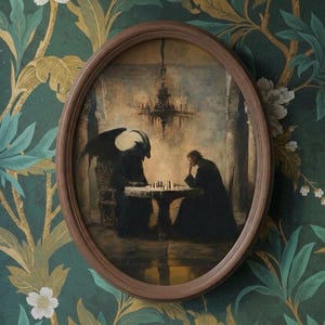 May include: An oval framed print depicts a dark scene of two figures playing chess. One figure is a cloaked person, the other a horned demon. The frame is brown, and the background is a floral wallpaper in shades of green, gold, and white.
