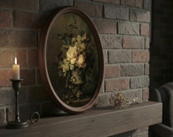 Stimmungsvolle Vintage Blumenmalerei in ovalem Holzrahmen - Dark Academia Wanddekoration - Romantische Cottagecore Rose Kunst - Handgefertigter Antik Stil