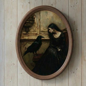 Large Vintage Oval Wooden Frame with Gothic Crow Art - Dark Academia Wall Decor - Big Antique Style Picture - Handcrafted Home Gift