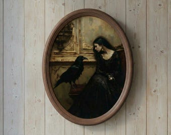 Großer ovaler Vintage Holzrahmen mit gotischer Krähe Kunst - Dark Academia Wanddekoration - Großes Bild im Antik Stil - Handgefertigtes Wohngeschenk