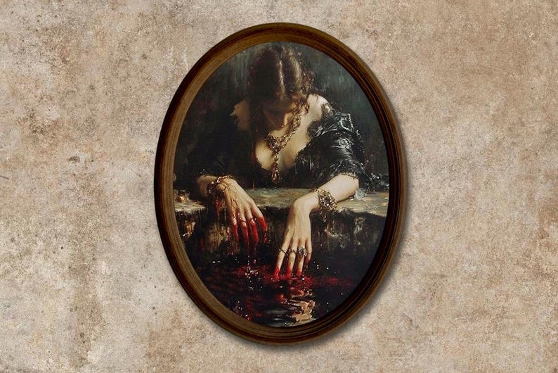 Großer Vintage Holzrahmen mit gotischem Porträt - Stimmungsvolle Dark Academia Wandkunst - Handgemaltes Dekor im antiken Stil - Geschenk für das viktorianische Zuhause Bild 3