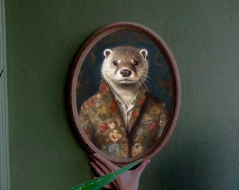 Otter Victorian Portrait: Vintage Animal Wall Art in Oval Wooden Frame