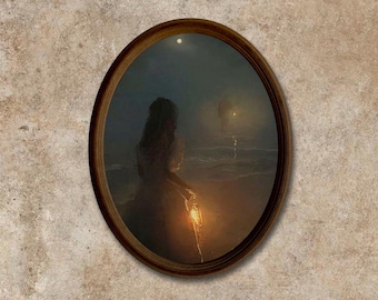Moonlight Painting Print: Handmade Oval Wooden Wall Plaque