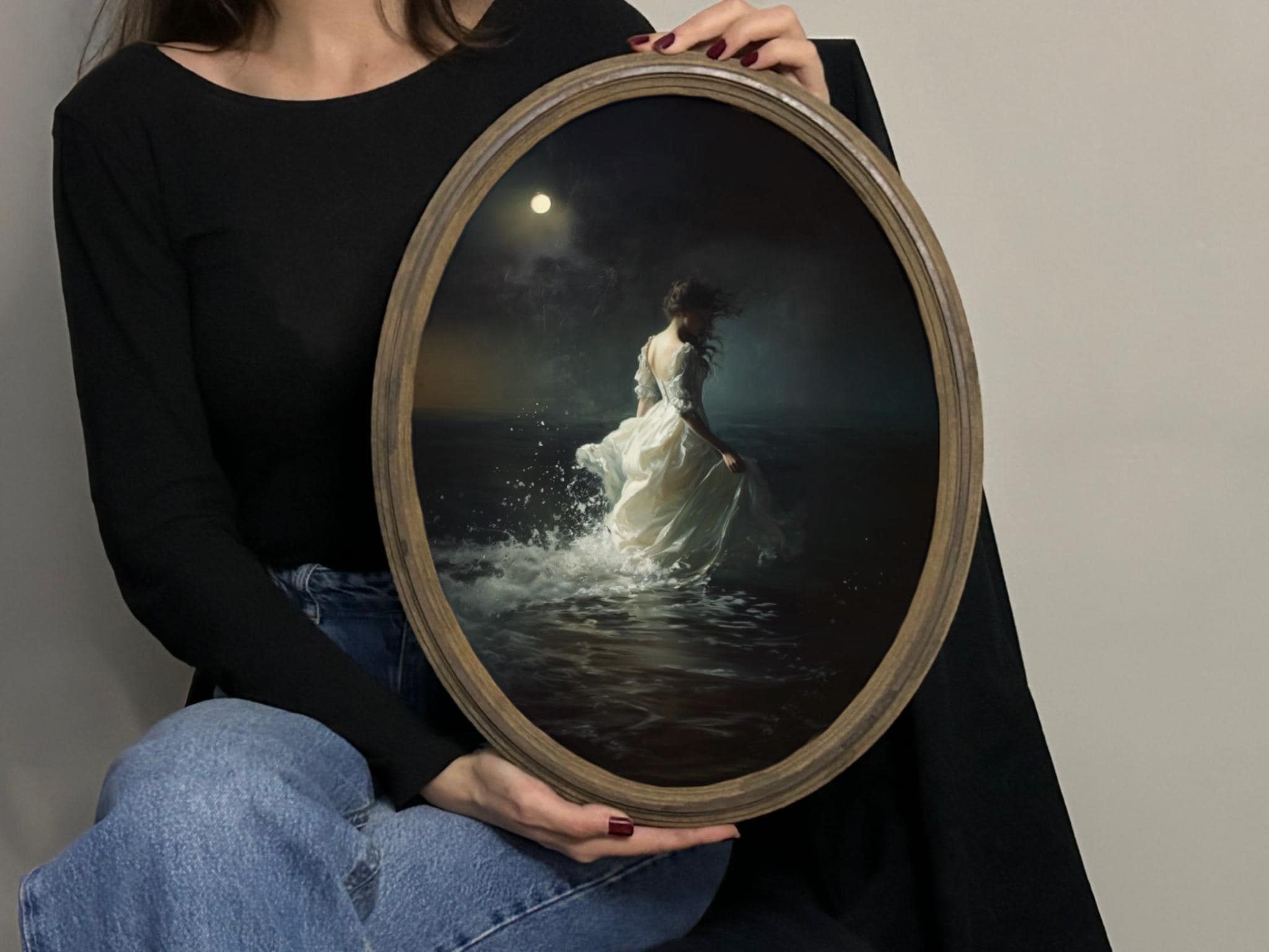 Gothic Moon Woman Painting: Vintage Framed Wooden Plaque