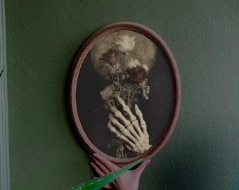 Gothic Flowers Painting: Skull Hand Art in Oval Wood Frame