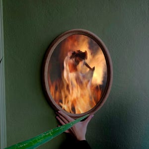 Fire Art Painting: Woman in Flames, Oval Wood Frame Wall Decor