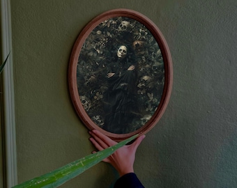 Gothic Flowers Painting, Horror Painting Art, large frame, oval wooden plaque, dark academia