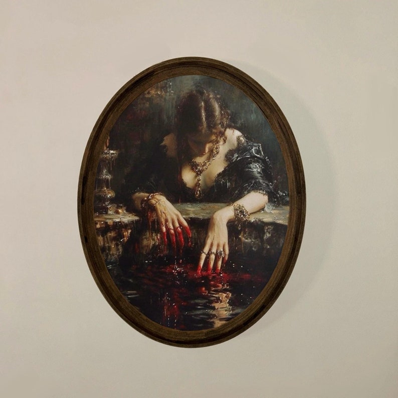 Großer Vintage Holzrahmen mit gotischem Porträt - Stimmungsvolle Dark Academia Wandkunst - Handgemaltes Dekor im antiken Stil - Geschenk für das viktorianische Zuhause Bild 8