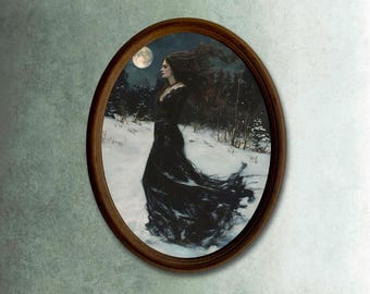 Woman in Moonlight Painting, Frozen Painting : Handmade Oval Wooden Wall Plaque