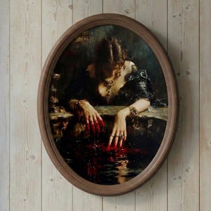 Grote vintage houten lijst met gotisch portret - humeurige donkere Academia-muurkunst - handgeschilderd decor in antieke stijl - Victoriaans huiscadeau