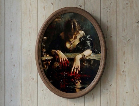 Large Vintage Wooden Frame with Gothic Portrait - Moody Dark Academia Wall Art - Hand Painted Antique Style Decor - Victorian Home Gift