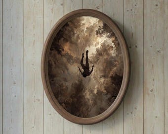May include: An oval wooden framed artwork depicts a person falling through a cloudy sky. The artwork's color palette is dominated by shades of brown and gray, creating a dramatic and surreal scene. The frame is a warm brown color.