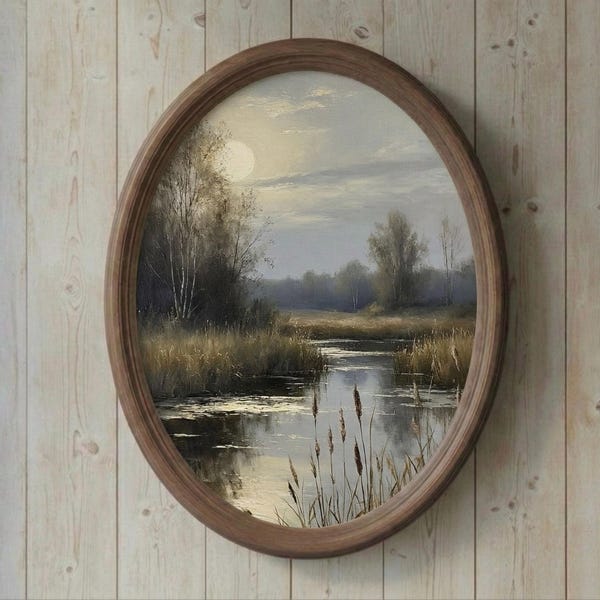 Vintage River & Marsh Oil Painting, Moody Oval Wall Art, Moonlit Wetland Landscape, Large Wood Framed Nature Print, Dark Cottagecore, Rustic