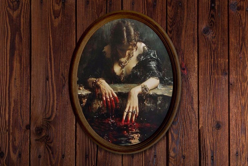 Großer Vintage Holzrahmen mit gotischem Porträt - Stimmungsvolle Dark Academia Wandkunst - Handgemaltes Dekor im antiken Stil - Geschenk für das viktorianische Zuhause Bild 6