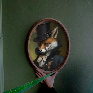 Retrato de zorro victoriano: placa de pared con marco ovalado de madera hecho a mano
