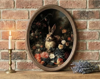 Dark Academia kaninkonst, stämningsfull blommig kaninoljemålning, holländsk mästarstil med djurporträtt, stor oval träramad väggdekor, gotisk