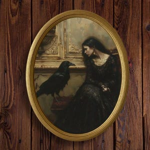 May include: An oval framed painting featuring a woman in a black dress and a large black raven. The painting has a gold frame and is set against a wooden background. The woman is seated, and the raven is perched nearby.
