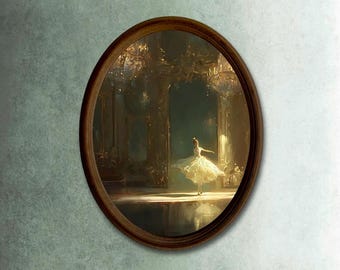 Vintage ballerinaschilderij: handgemaakt ovaal houten frame aan de muur