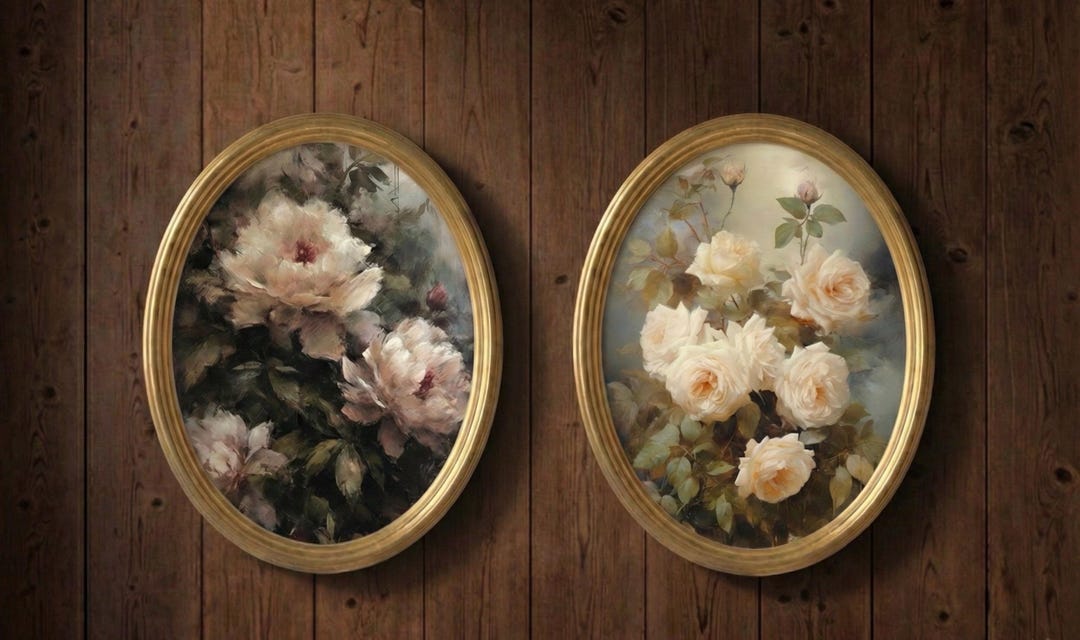 Set of 2 Oval Framed Vintage Floral Art, Light and Dark Moody Rose ...