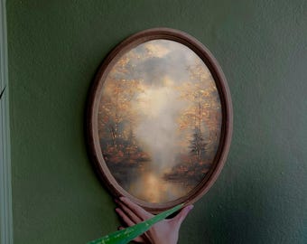 Vintage Lake and Forest Painting: Handmade Oval Wooden Frame
