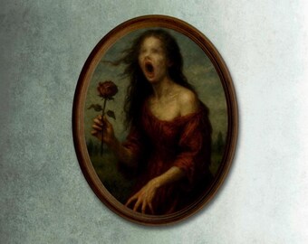 Gothic Woman Painting: Vintage Framed Dark Wall Art