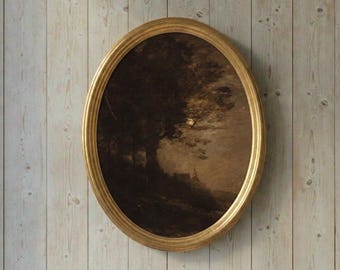 Moody Landscape Oval Framed Painting Print, Dark Academia Wall Art, Vintage Gold Wooden Frame Decor, Large Dark Forest Scenery, Antique Vibe
